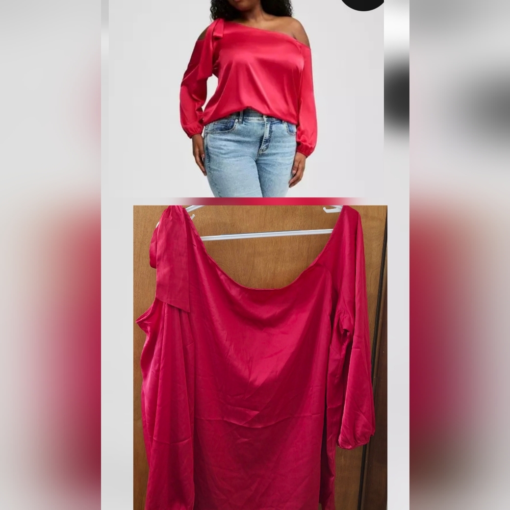 NWT Satin Front Tie Off-Shoulder Long Sleeve Blouse Hot Pink From Torrid Size 2